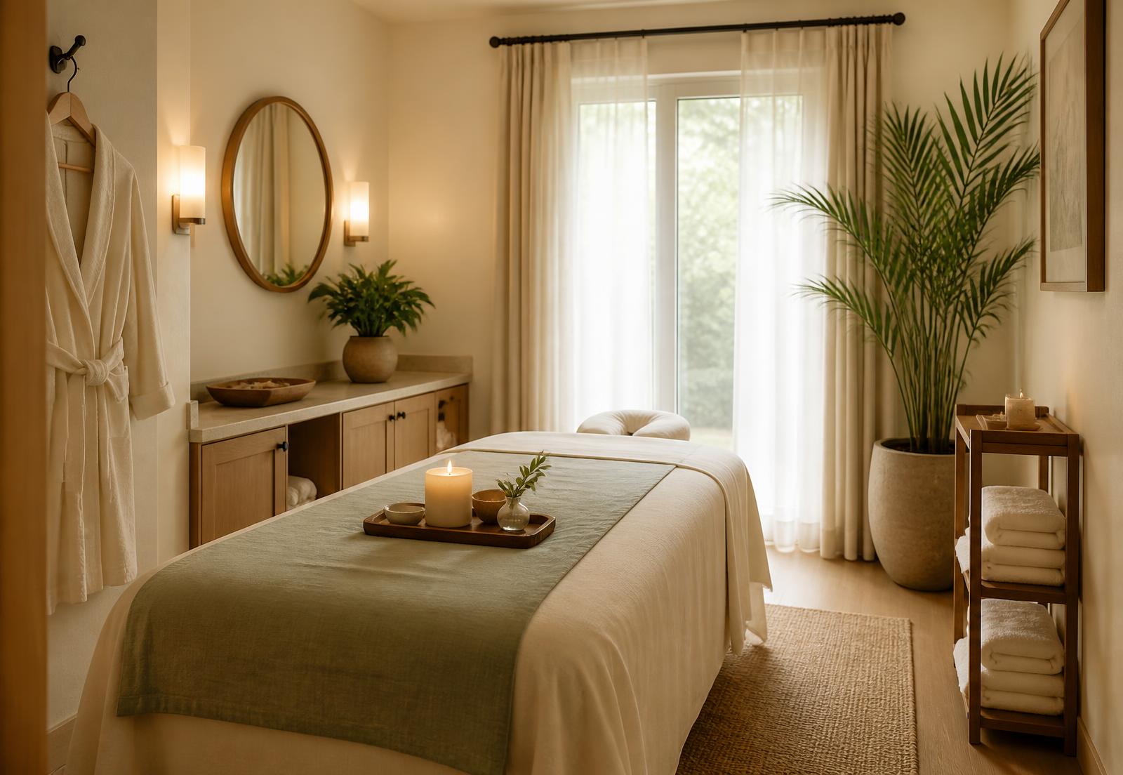 Quiet massage room at Get Movin Spa with folded towels, a lit candle, and a green plant