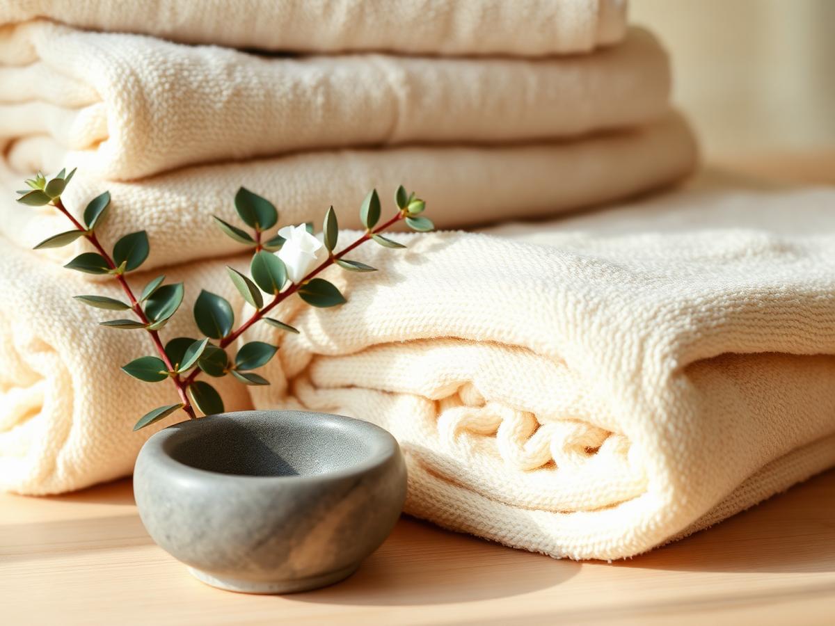 Folded cream spa towels beside a small stone bowl and a sprig of greenery